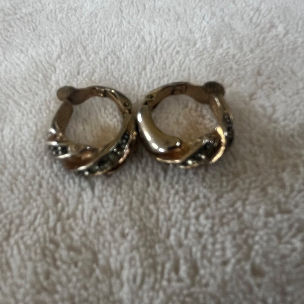 Preowned Gold-Tone Textured Hoop Earrings with‎ Rhinestone Accents